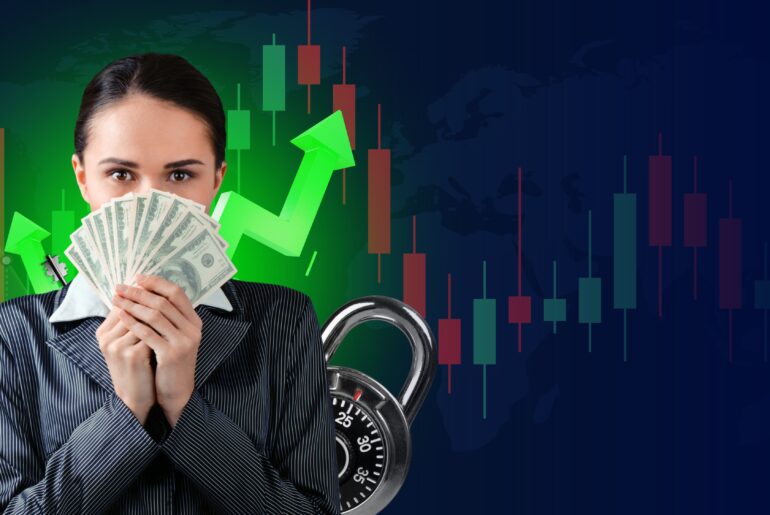 A businesswoman holding a fan of US dollars in front of a green upward arrow and a Forex candlestick chart, symbolizing leverage and profit potential in currency trading.