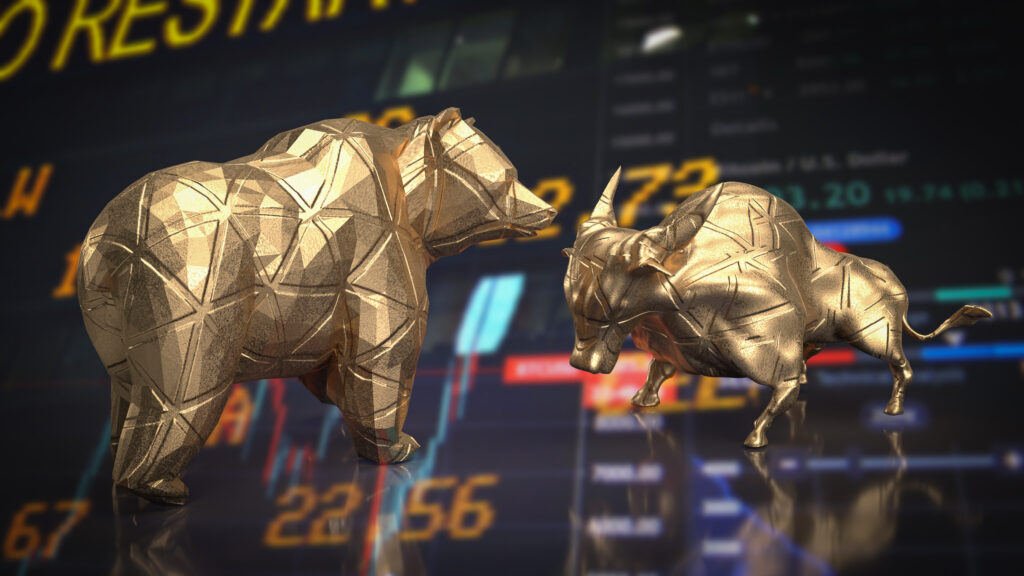3D rendering of a golden low-poly bull and bear facing each other on a glossy surface with a blurred financial stock market data chart background, symbolizing forex correlation trading and gold price movements.