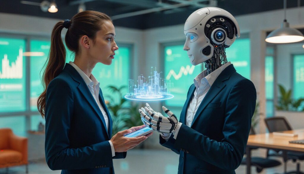 A businesswoman interacting with a futuristic humanoid AI robot in a modern office, symbolizing AI agents vs trading bots in financial markets.