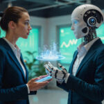 A businesswoman interacting with a futuristic humanoid AI robot in a modern office, symbolizing AI agents vs trading bots in financial markets.