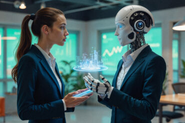 A businesswoman interacting with a futuristic humanoid AI robot in a modern office, symbolizing AI agents vs trading bots in financial markets.