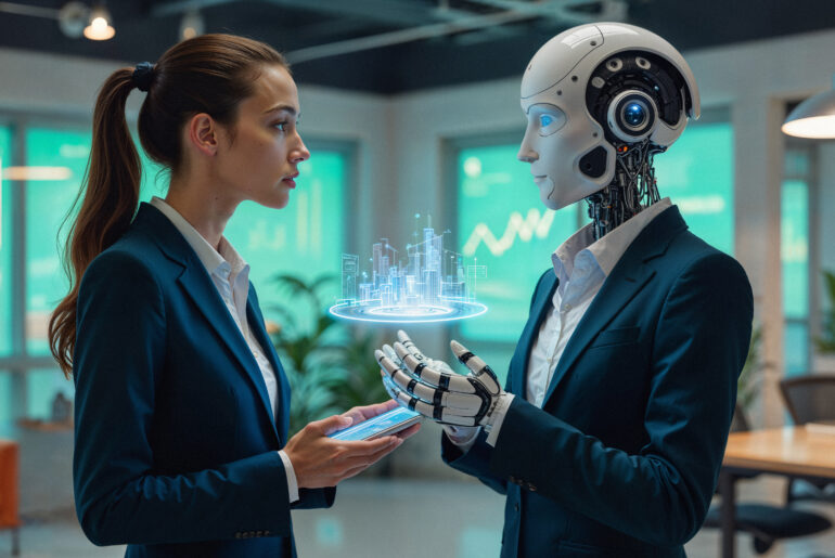 A businesswoman interacting with a futuristic humanoid AI robot in a modern office, symbolizing AI agents vs trading bots in financial markets.