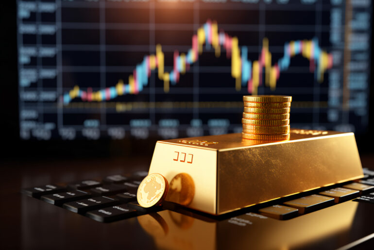 Gold bars and coins resting on a keyboard in front of a rising stock market candlestick chart, representing the 2026 gold price forecast