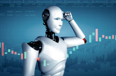 AI robot analyzing candlestick charts representing AI agents in trading modern financial markets