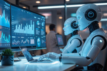 AI trading assistants analyzing financial market data and charts on computer screens in a modern office