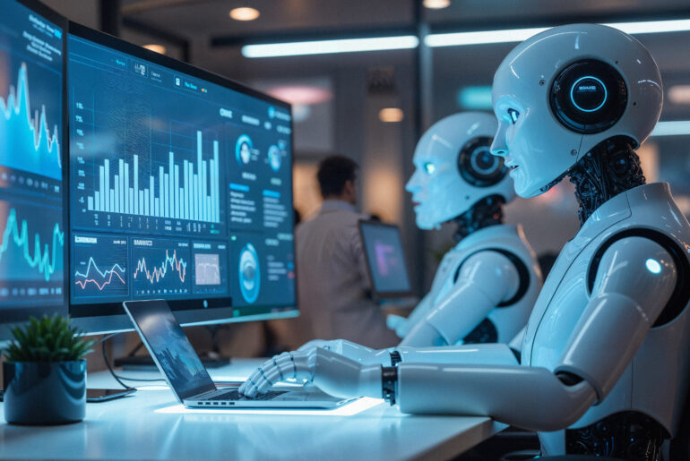 AI trading assistants analyzing financial market data and charts on computer screens in a modern office
