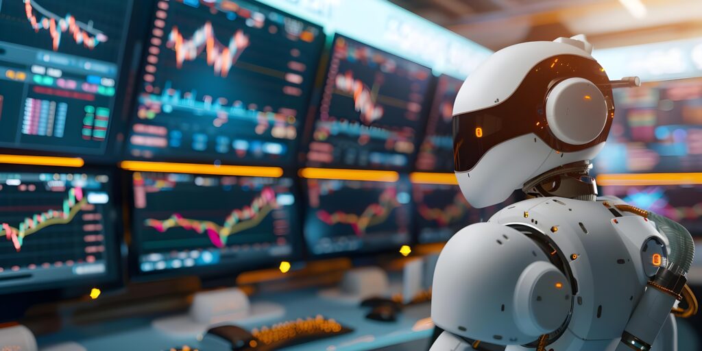 AI robot monitoring multiple forex trading screens representing AI agents for forex trading in action