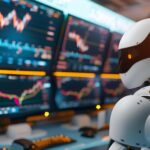 AI robot monitoring multiple forex trading screens representing AI agents for forex trading in action
