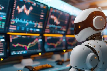 AI robot monitoring multiple forex trading screens representing AI agents for forex trading in action