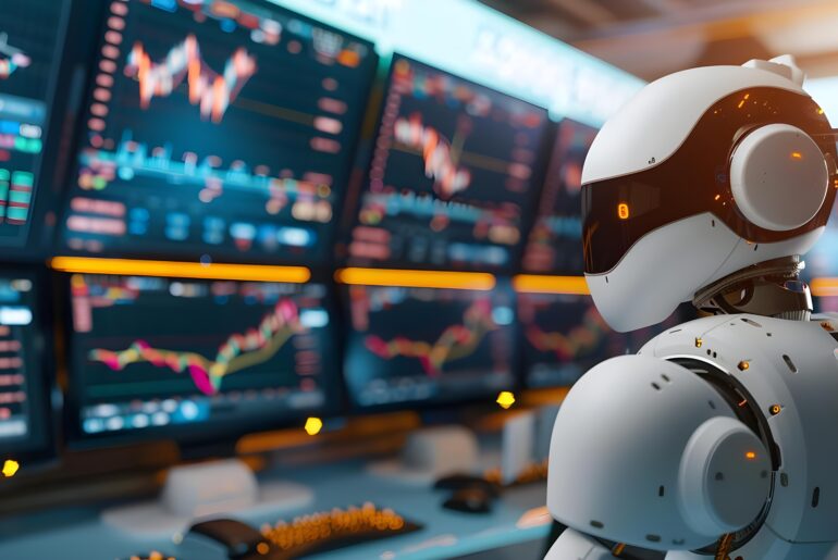 AI robot monitoring multiple forex trading screens representing AI agents for forex trading in action