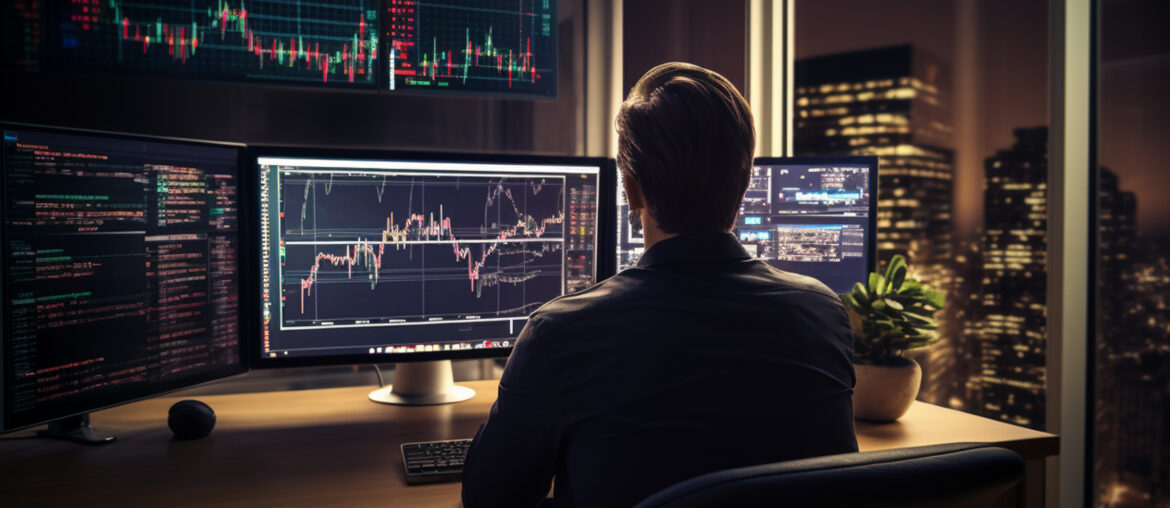 Trader analysing forex volatility on multiple trading screens with candlestick charts in a night trading environment