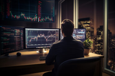 Trader analysing forex volatility on multiple trading screens with candlestick charts in a night trading environment