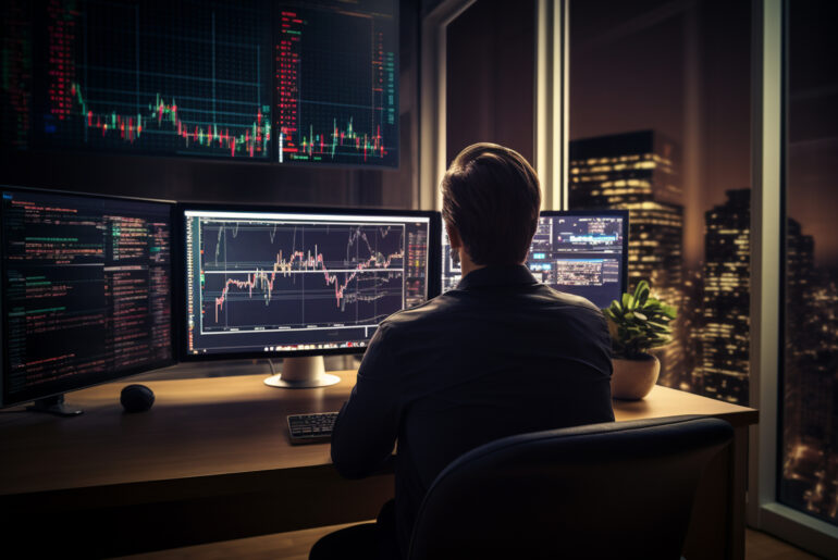 Trader analysing forex volatility on multiple trading screens with candlestick charts in a night trading environment