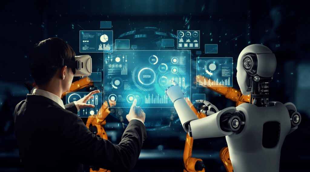 Human trader wearing VR headset analyzing futuristic financial dashboard alongside a humanoid AI agent.