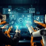 Human trader wearing VR headset analyzing futuristic financial dashboard alongside a humanoid AI agent.