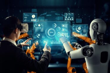 Human trader wearing VR headset analyzing futuristic financial dashboard alongside a humanoid AI agent.