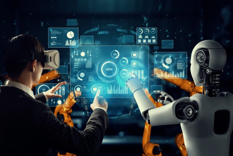 Human trader wearing VR headset analyzing futuristic financial dashboard alongside a humanoid AI agent.