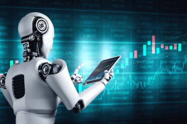 Futuristic white robot holding a digital tablet to analyze Forex trading candlestick charts and market trend data.