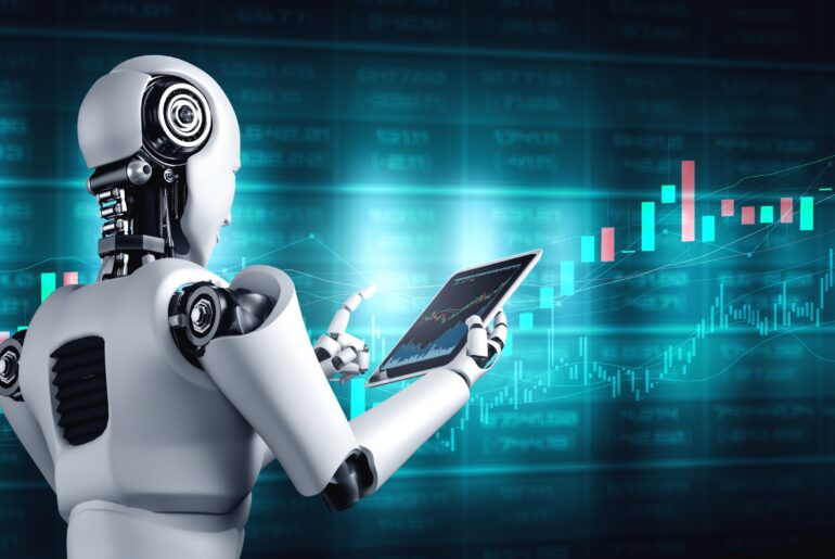Futuristic white robot holding a digital tablet to analyze Forex trading candlestick charts and market trend data.