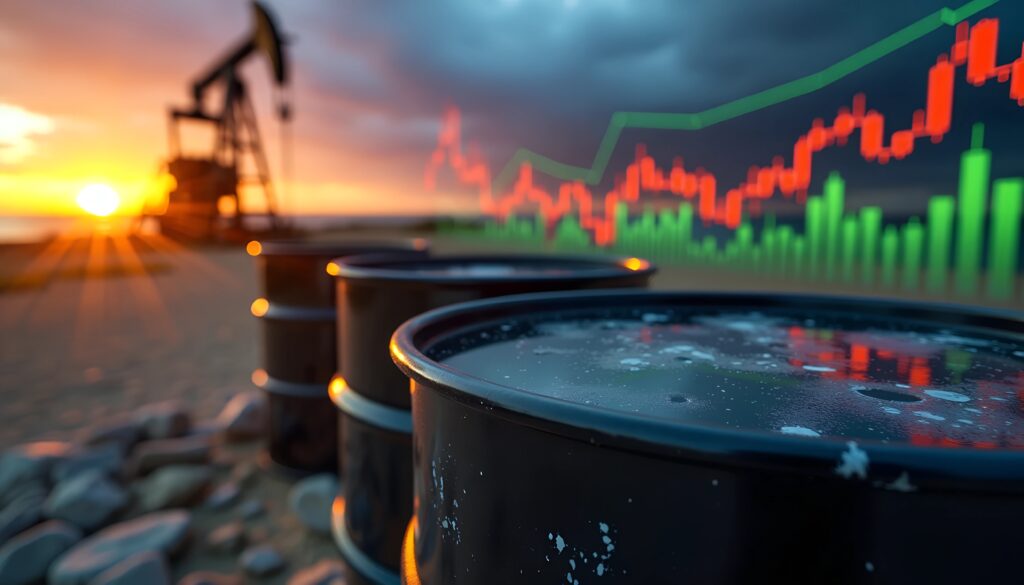 Oil barrels and an oil rig with a market chart illustrating factors affecting Brent Crude Oil prices