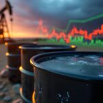 Oil barrels and an oil rig with a market chart illustrating factors affecting Brent Crude Oil prices