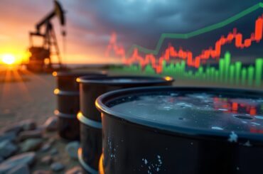 Oil barrels and an oil rig with a market chart illustrating factors affecting Brent Crude Oil prices