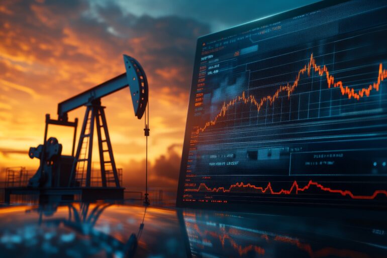 An oil pumpjack silhouette at sunset next to a digital screen displaying live financial price charts for Brent Crude Oil trading.