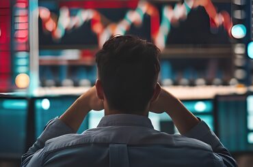 Rear view of a stressed trader sitting in front of multiple monitors displaying volatile financial market candlestick charts.