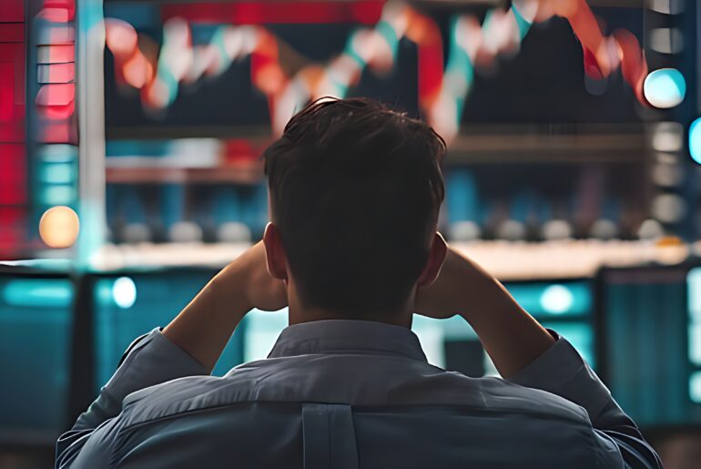 Rear view of a stressed trader sitting in front of multiple monitors displaying volatile financial market candlestick charts.