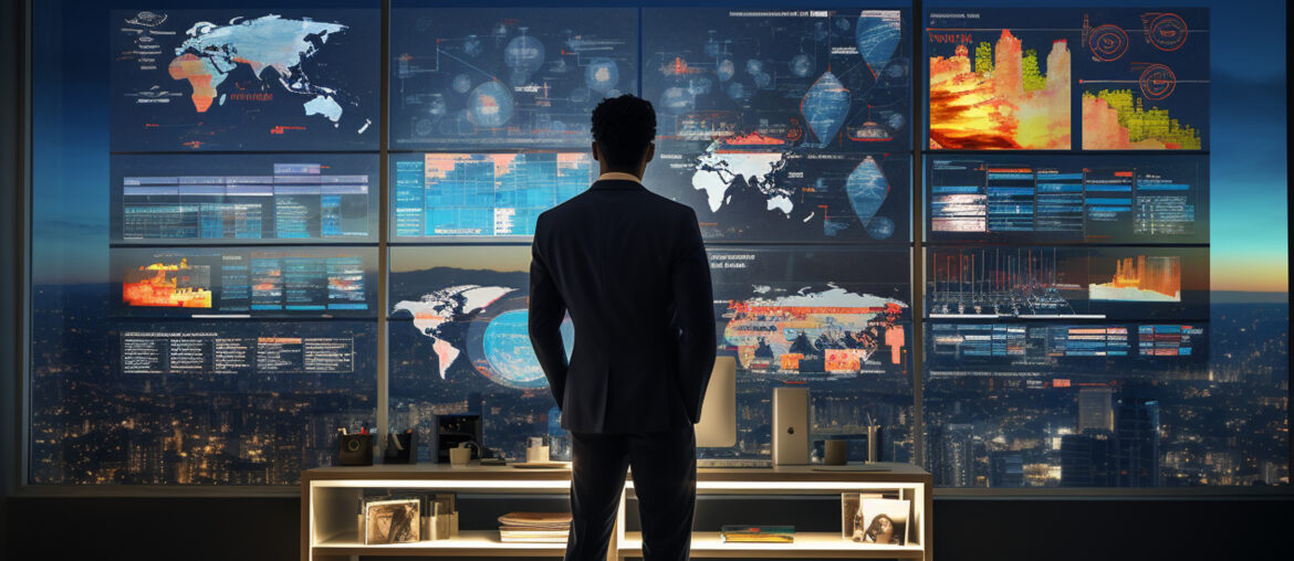 Rear view of a trader standing in front of large screens displaying global market maps and economic data charts in a modern office overlooking a city at night.
