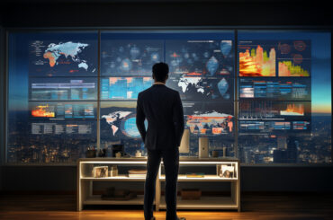 Rear view of a trader standing in front of large screens displaying global market maps and economic data charts in a modern office overlooking a city at night.