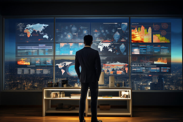 Rear view of a trader standing in front of large screens displaying global market maps and economic data charts in a modern office overlooking a city at night.