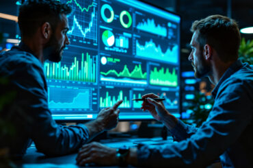Two financial market analysts discussing real-time data charts and analytics on a large blue digital dashboard monitor.