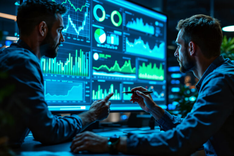 Two financial market analysts discussing real-time data charts and analytics on a large blue digital dashboard monitor.