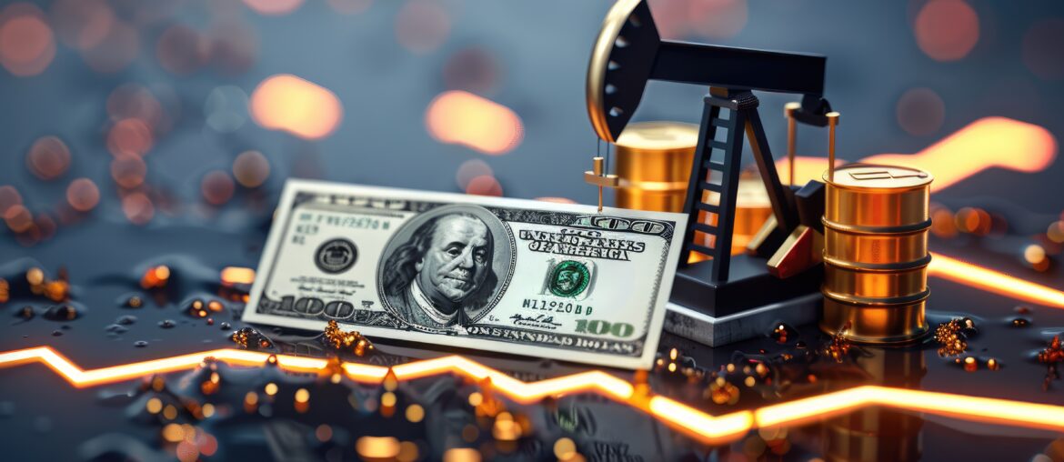 A 100 dollar bill, an oil pump jack, and golden oil barrels on a glowing financial chart showing the gold, oil and dollar relationship.