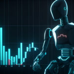 Futuristic black sleek robot analyzing glowing cyan and red bar charts and financial market data graphs on a dark digital background.