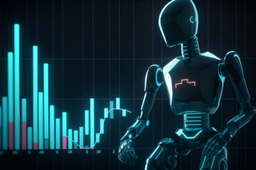 Futuristic black sleek robot analyzing glowing cyan and red bar charts and financial market data graphs on a dark digital background.