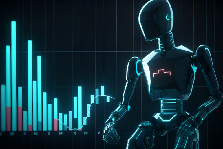 Futuristic black sleek robot analyzing glowing cyan and red bar charts and financial market data graphs on a dark digital background.