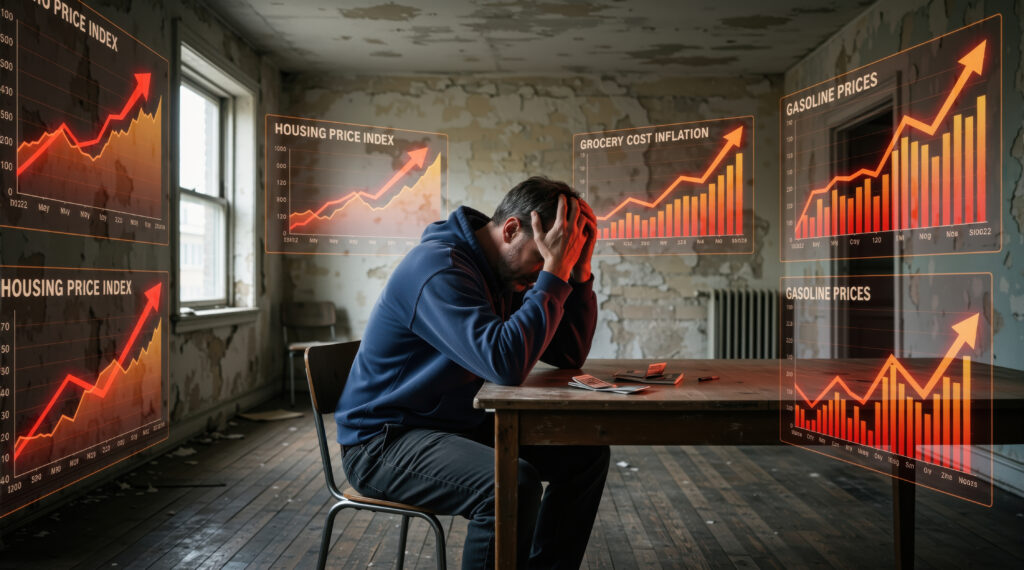 Stressed man sitting at a desk surrounded by rising inflation charts, housing price indexes, and financial crisis graphs during an economic recession.