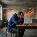 Stressed man sitting at a desk surrounded by rising inflation charts, housing price indexes, and financial crisis graphs during an economic recession.