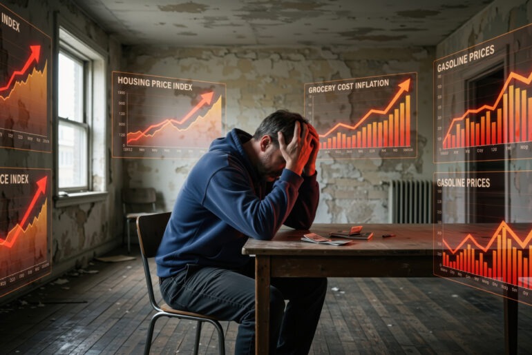 Stressed man sitting at a desk surrounded by rising inflation charts, housing price indexes, and financial crisis graphs during an economic recession.